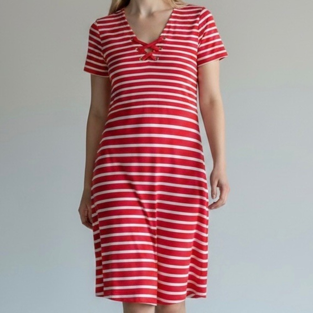 Michael Kors Dress Coral Pink Striped Lace Up Nautical Cruise Beach Sz M Women's
